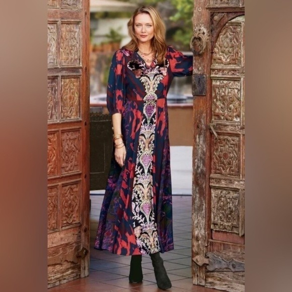 Soft Surroundings Epiphany Dress size 8 Velvet Burnout Floral Boho Maxi